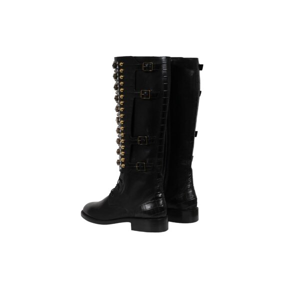 Rene Caovilla Combat Boots US 7 EU 37 Black LeatherCroc Embossed Crystal Studded - Picture 5 of 12